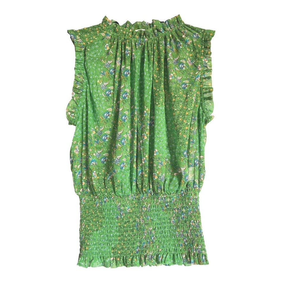 Feminine Cottage Core Maison d'Ameli Sheer‎ Floral Smocked Waist Ruffle Top Sz S